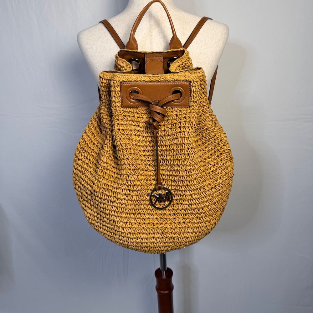 Michael Kors Woven Straw Leather Backpack Tan Gold Tone Hardware Drawstring Bag